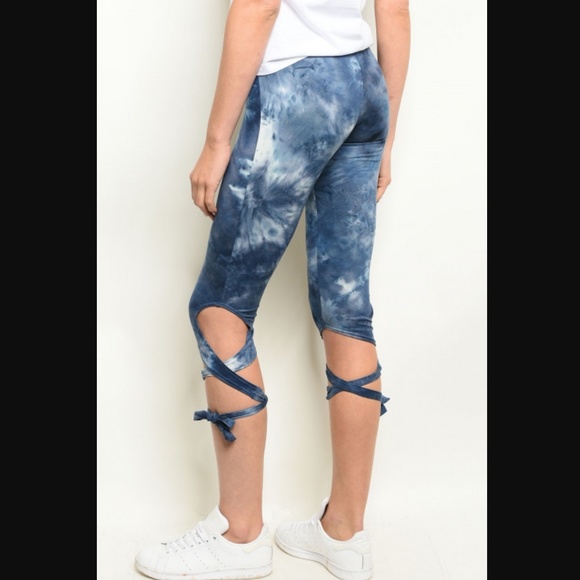 SummerChance Pants - KYLIE Navy & White Tie Dye Leggings With Ballerina Ties Sizes Sm Md & Lg NWT